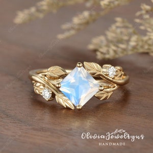 Leaf Princess Cut Moonstone Engagement Ring Vine Gold Unique Wedding Ring Bridal Promise Ring Rainbow Moonstone Ring Dainty Anniversary Ring
