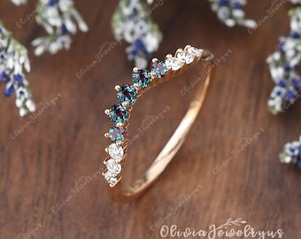 Lab Alexandrite Wedding Band Rose Gold Curved Ring Half Eternity Moissanite Bands Bridal Dainty Stacking Matching Silver Ring Custom Ring