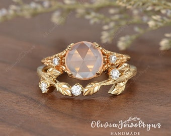 Unique Rose Quartz Bridal Ring Set Yellow Gold Rose Cut Engagement Ring Milgrain Split Band Leaf Cluster Ring Vintage Wedding Ring Set 2pcs