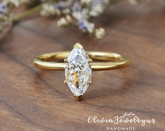 1CT Simulated Diamond Engagement Ring Marquise Shaped 14K Yellow Gold Solitaire Ring Minimalist Moissanite Ring Anniversary Gift Bridal Ring