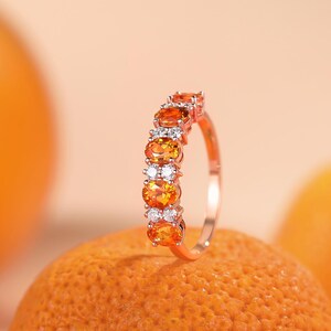Vintage Oval Orange Sapphire Half Eternity Band September Birthstone Lab Orange Gemstone Ring Rose Gold Vibrant Sunset Anniversary Ring