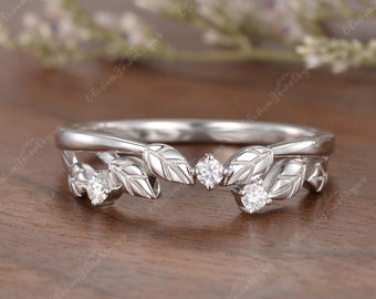 Antique Leaf Wedding Band Women Unique Diamond Vine Stacking Ring 14K Gold Wedding Ring Delicate Moissanite Matching Band Vintage Leaf Ring