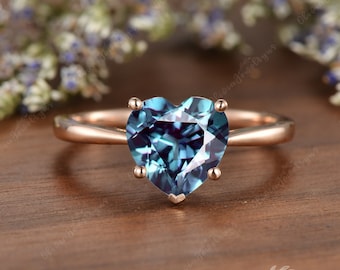 Alexandrite Engagement Ring Heart Cut Alexandrite Ring Rose Gold Wedding Ring For Women Vintage Unique Ring Promise Ring Anniversary Gifts