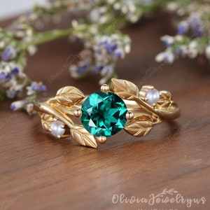 Nature Inspired Leaf Emerald Ring Art Deco Emerald Pearl Gold Ring Vintage Leaf Engagement Ring Birthstone Anniversary Promise Gift For Her