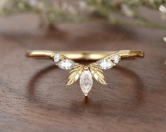 Leaf Wedding Band Women Vintage Yellow Gold Twig Ring Matching Ring Leaf Moissanite Ring Unique Vine Stacking Wedding Band Delicate Ring