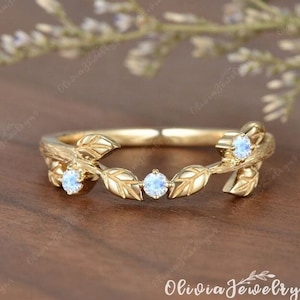 Leaf Wedding Band Yellow Gold Moonstone Leaf Flower Ring Vintage Custom Women Ring  Unique Anniversary Ring Tree Stacking Band Gift