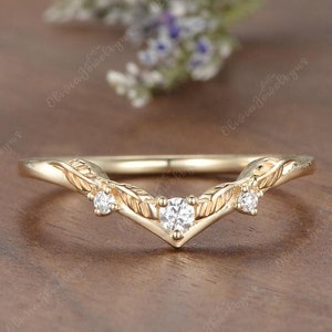 Vintage Leaf Curved Wedding Band Yellow Gold Moissanite Stacking Matching Wedding Ring Personalized Ring Promise Rings For Women