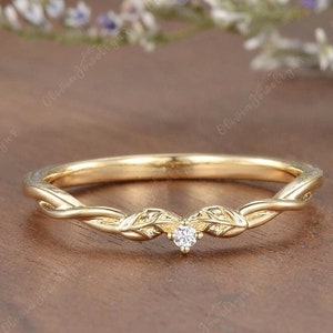 Vintage Leaf Wedding Band Vine Moissanite Wedding Ring Diamond Stacking Women Ring Unique Yellow Gold Wedding Band Nature Inspired Matching