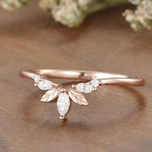 Leaf Wedding Band Women Vintage Rose Gold Twig Ring Matching Ring Leaf Moissanite Ring Unique Vine Stacking Wedding Band Delicate Ring