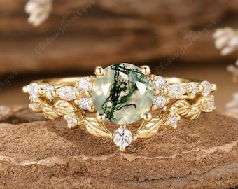 Natural Moss Agate Engagement Ring Set 2pcs Yellow Gold Cluster Moissanite Promise Ring Leafy Wedding Ring Unique for Her