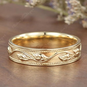 Men Leaf Wedding Band Solid Yellow Gold Mens Wedding Band Milgrain Antique Engagement Ring For Men Nature Inspired Couple Ring Anniversary