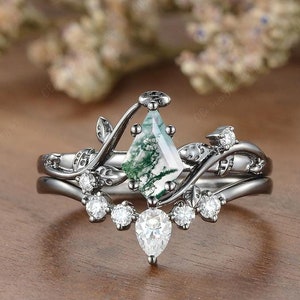 Black Gold Unique Kite Cut Moss Agate Leafy Bridal Ring Set 2pcs Nature Inspired Engagement Ring Nature Moss Agate Moissanite Custom Rings