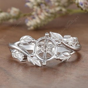 Custom White Gold Engagement Ring Art deco Leaf Promise Ring Setting Nature Inspired Ring Cluster Ring Personalized Anniversary GiftSetting