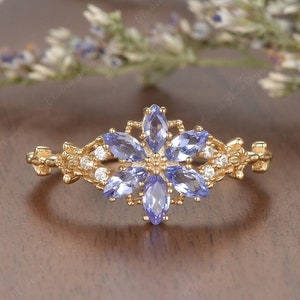 Marquise Cornflower Sapphire Engagement Ring Art Deco Flower Gold Rings Floral Nature Inspired Promise Ring Best Anniversary Gift For Women