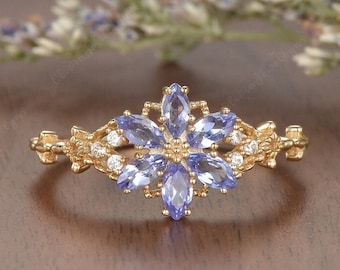 Marquise Cornflower Sapphire Engagement Ring Art Deco Flower Gold Rings Floral Nature Inspired Promise Ring Best Anniversary Gift For Women