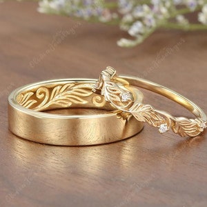 ArtCarved Oak Leaf Couple Rings Set Moissanite Leaf Wedding Band Dainty Minimalist Mens Promise Ring Yellow Gold Matching Rings For Couple