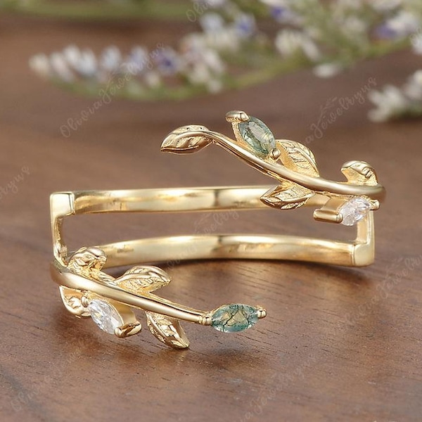 Unique Natural Moss Agate Enhancer Wedding Band Double Curved Band For Engagement Ring Custom Oura Ring Jacket 4 5 Ceramic Cover Enhancer