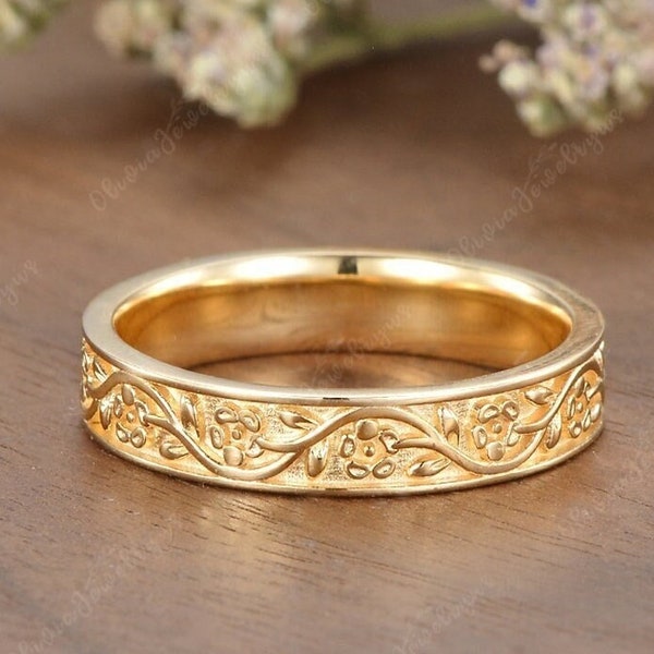 Vintage Mens Wedding Band Yellow Gold Couple Rings Leaf Engraved Wedding Band Unique Handmade Promise Ring For Men Leaf Engagement Ring