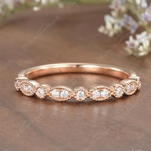 Dainty Moissanite Wedding Band Women Half Eternity Band Rose Gold Ring Diamond Band Milgrain Stacking Wedding Band Bridal Ring Gift For Her