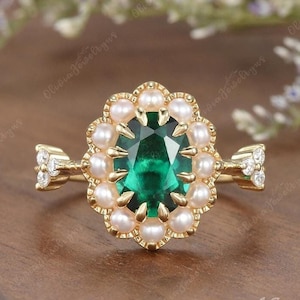 Art Deco Emerald Pearl Ring Antique Oval Emerald Yellow Gold Engagement Ring Natural Pearl Halo Moissanite Wedding Ring Anniversary Gift