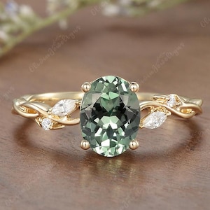 Vintage Green Sapphire Engagement Ring Branch Wrap Marquise Moissanite Nature Inspired Leaf Gold Handmade Promise Wedding Ring For Women