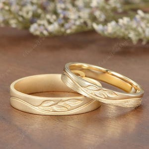 2pcs Solid Gold Leaf Engraving Couple Rings Set Nature Inspired Wedding Band Set Handmade Unisex Ring Minimalist Promise Ring For Men Women