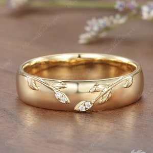 Mens Leaf Wedding Band Moissanite Promise Ring Solid Gold Engraved Matching Ring Mens Engagement Ring Comfort Fit Personalized Gift For Him