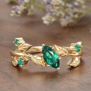 Vintage Emerald Engagement Ring Unique Leaf Ring Yellow Gold Stacking Matching Ring Nature Inspired Leaf Promise Ring Custom Ring For Women