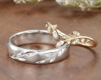 Unique Two Tone Leaf Couple Rings Set Nature Inspired Floral Matching Rings Branch Engraved Bespoke Mens Wedding Band Custom Ring For Couple