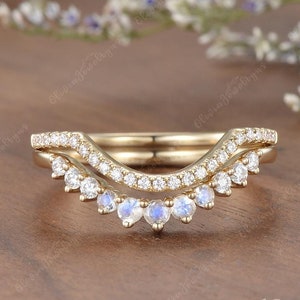 Unique Moonstone Wedding Band Chevron Half Eternity Moissanite Wedding Rings Double Curved Wedding Band Stacking Custom Rings For Women