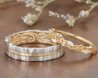 Unique Two Tone Couple Rings Set ArtCarved Leaf Ring 2pcs Marquise Moissanite Promise Ring Handmade   Wedding Ring Set Personalized Jewelry