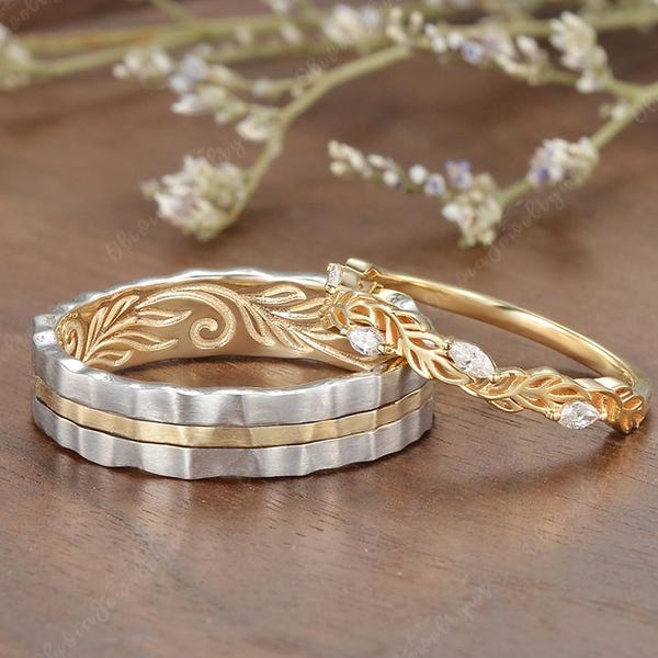 Unique Two Tone Couple Rings Set ArtCarved Leaf Ring 2pcs Marquise Moissanite Promise Ring Handmade   Wedding Ring Set Personalized Jewelry