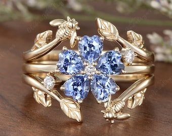 Cornflower Sapphire Ring Set Heart Shaped Sapphire Engagement Ring Bee and Leaf Cage Ring Nature Inspired Leaf Enhancer Rings For Women