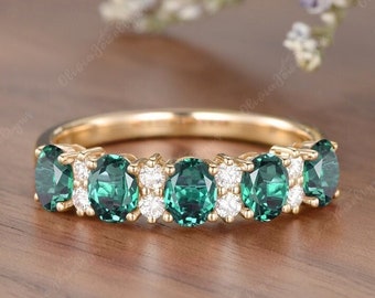 Vintage Emerald Wedding Band Oval Cut Retro Emerald Ring May Birthstone Emerald Engagement Ring Half Eternity Band Promise Ring Gift For Her