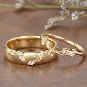 2pcs Unique Leaf Couple Rings Set Olive Leaf Moissanite Curved Wedding Band Mens Gold Engraved Matching Ring Engagement Ring Set For Couple
