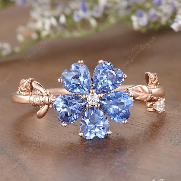 Bee and Leaf Engagement Ring Cornflower Sapphire Promise Ring Heart Shaped Sapphire Ring Vintage Leaf Ring Rose Gold Vine Ring Gift For Her