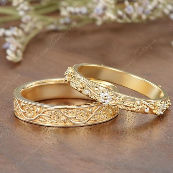 Cherry Blossom Couple Rings Set Unisex Wedding Band Art Deco Couple Wedding Ring For Men and Women Floral Matching Rings Best Gifts For Him