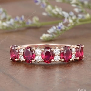Vintage Ruby Wedding Band Oval Cut July Birthstone Vitality Manifesting Ruby Engagement Ring Half Eternity Promise Ring Anniversary Gift