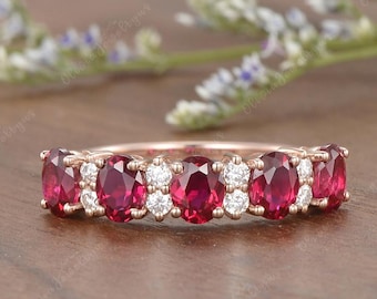 Vintage Ruby Wedding Band Oval Cut July Birthstone Vitality Manifesting Ruby Engagement Ring Half Eternity Promise Ring Anniversary Gift