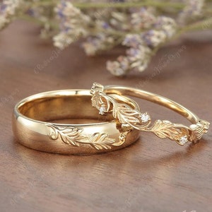 Oak Leaf Couple Rings Set Moissanite Leaf Wedding Band Men Engraved Wedding Ring Handmade Promise Ring For Couple Engagement Ring Set 2pcs