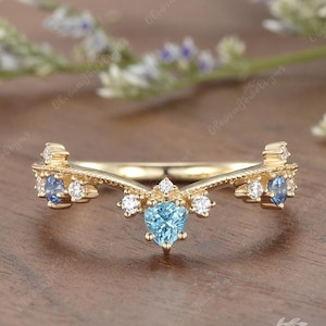 Swiss Blue Topaz Sapphire Curved Wedding Band Dainty Knife Edge Milgrain Stacking Ring Gold Topaz Chevron Matching Bands Self Love Ring