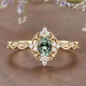 Vintage Green Sapphire Promise Ring Antique Engagement Ring Half Eternity Milgrain Ring Floral Green Sapphire Ring Anniversary Gift for Her