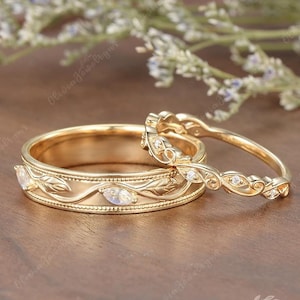 2pcs Leaf Floral Couple Rings Set Yellow Gold Moonstone Moissanite Engagement Ring Leaf Branch Men Wedding Band Bridal Set For Men And Women