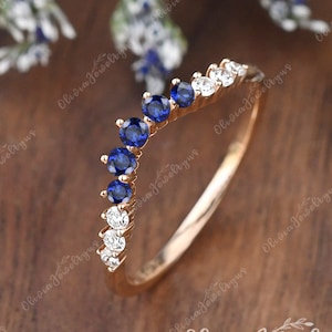 Sapphire Wedding Band Woman Rose Gold Half Eternity Moissanite and Natural Sapphire Chevron Wedding Band Dainty Curved Stacking Silver Ring