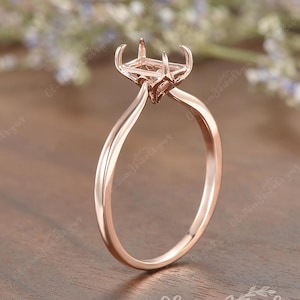 Custom Semi Mounting Unique Lotus Ring Rose Gold Delicate Promise Ring Setting Claw Prongs Dainty Band Emerald Cut Personalized Ring