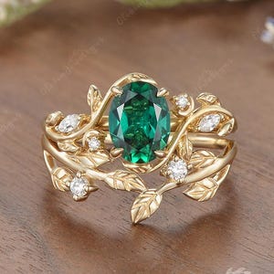 Vintage Emerald Engagement Ring Set Art Deco Cluster Leaf Promise Ring Moissanite Matching Rings Nature Inspired Handmade Jewelry Gift Women