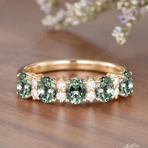 Vintage Green Sapphire Wedding Band Oval Cut Retro Green Sapphire Energy Stone Sapphire Engagement Ring Half Eternity Band Anniversary Gift