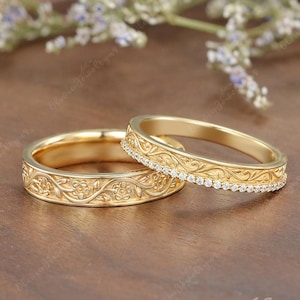 2pcs Couple Rings Set Art Deco Engraved Wedding Band Unisex Handmade Leaf Promise Ring Gold Custom Matching Rings Anniversary Ring For Her