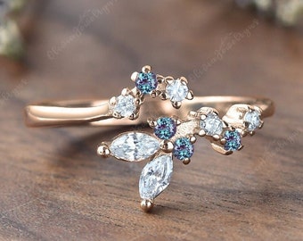 Unique Leaf Open Wedding Band Cluster Moissanite Alexandrite Stacking Ring Rose Gold Delicate Matching Band Nature Lover Gift For Her