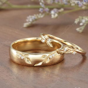 2pcs Couple Rings Set Leaf Branch Mens Wedding Band Moissanite Ring Floral Couple Wedding Ring For Men and Women Anniversary Gift For Him